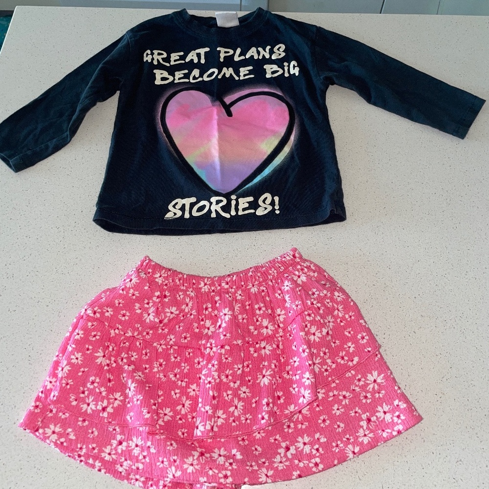 Zara graphic shirt and Zara floral skort